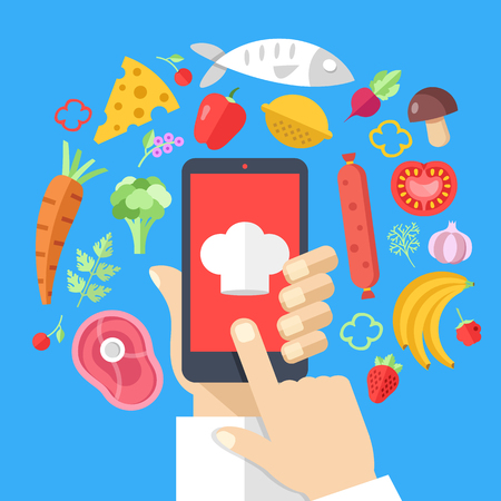 Hand holding smartphone with chef cap on screen and food ingredients around. Cooking concept. Cooking app, online recipes, food delivery, mobile cookbook. Modern flat design vector illustrationのイラスト素材