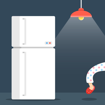 Night eating, night hunger concept. Dark room, ceiling lamp, refrigerator. Person sneaking into the fridge at night. Creative cartoon illustrationのイラスト素材