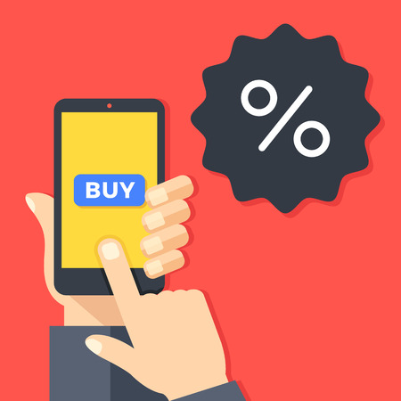 Sale, discount concepts. Hand holding smartphone with buy button.のイラスト素材
