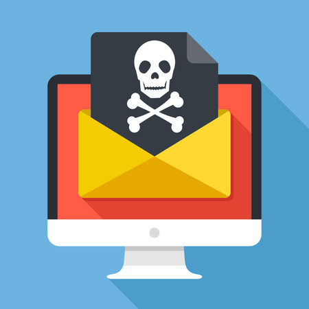 Computer and envelope with black document and skull icon. Virus, phishing scam, malware, ransomware, email fraud, e-mail spam, hacker attack concepts. Long shadow flat design vector illustrationのイラスト素材