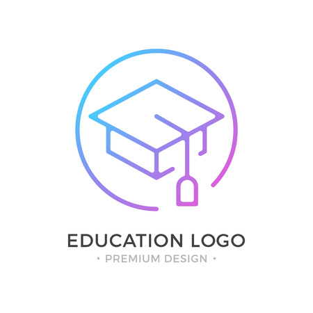 Education logo. Mortarboard, square academic cap, graduation hat icon. Premium design. Trendy linear style. Abstract concept. Simple round line icon. Modern vector logoのイラスト素材