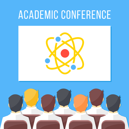 Academic conference, symposium, scientific event, science festival concepts. Group of scientists people, researchers sitting in hall. White board with atomic model. Flat design vector illustrationのイラスト素材