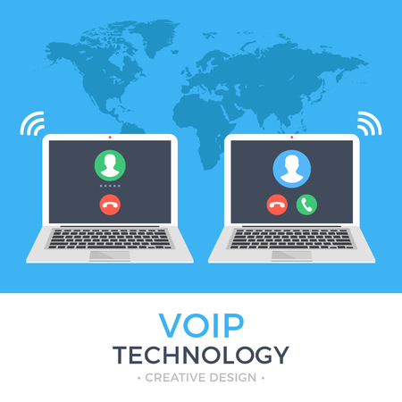VoIP technology, voice over IP, IP telephony concepts. Two laptops dial. Laptop with incoming call and with outgoing call on screen. Internet calling web banner. Modern flat design vector illustrationのイラスト素材