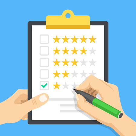 Clipboard with 1 star rating. Hands holding pen and clipboard. One star check mark. Poor customer service, negative review, very bad quality, ranking concepts. Modern flat design vector illustrationのイラスト素材