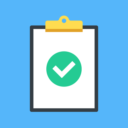 Clipboard and check mark. Clip board and green round icon with checkmark, tick. Completed task, job is done concepts. Modern flat design graphic elements. Vector illustrationのイラスト素材