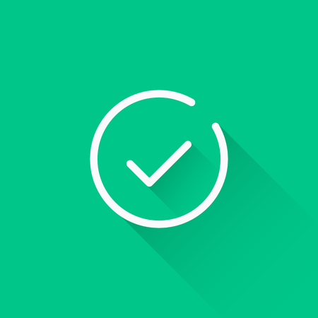 Line check mark icon. Thin line design with long shadow. White tick vector icon.のイラスト素材