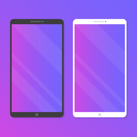 Black smartphone and white smartphone with blank screen. Cellphones, mobile phones set. Front view. Modern vector illustrationのイラスト素材