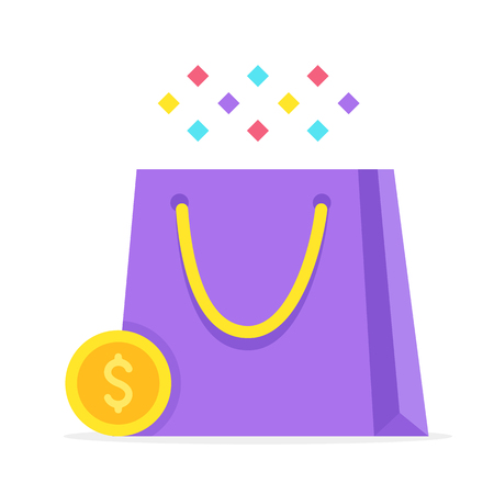 Shopping. Shopping bag and gold coin. Sale, discount, consumerism concepts. Flat design. Vector illustrationのイラスト素材