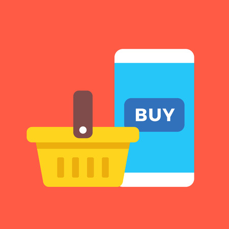 Shopping basket and smartphone with buy button. M-commerce, mcommerce, ecommerce, mobile shopping concepts. Flat design. Vector illustrationのイラスト素材
