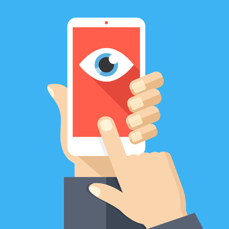 Face recognition, surveillance concepts. Hand holding smartphone, finger touching screen. Mobile phone with eye icon on screen. Flat design. Vector illustrationのイラスト素材