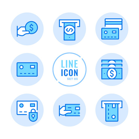 Credit card line icons set. ATM, cashback, withdraw cash, online payment outline symbols. Modern simple stroke graphic elements. Round iconsのイラスト素材
