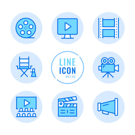 Video production vector line icons set. Filmmaking, movie industry, cinema, film production outline symbols. Thin line design. Modern simple stroke graphic elements. Round iconsのイラスト素材