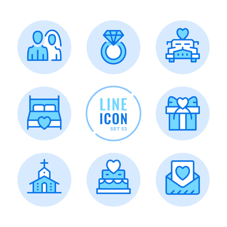 Wedding vector line icons set. Wedding ceremony, diamond ring, bride and groom, marriage, engagement outline symbols. Thin line design. Modern simple stroke graphic elements. Round iconsのイラスト素材