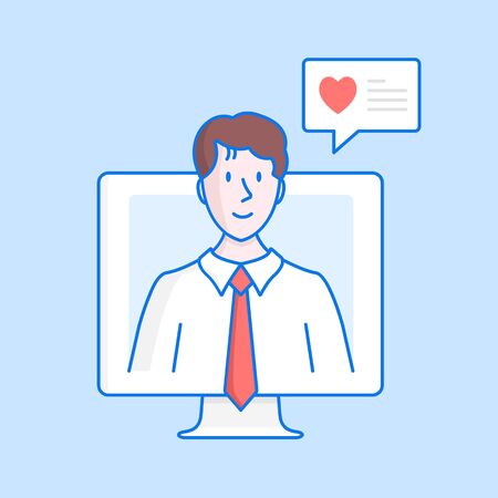 Social media like. Man on computer screen and speech bubble with like message. Social media communication, instant messaging concepts. Hand drawn style, line design. Vector illustrationのイラスト素材