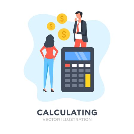 Calculating. Flat design. Business people and calculator with dollar coins. Accounting, financial analytics. budget calculation, economy concepts. Vector illustrationのイラスト素材