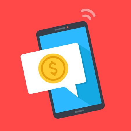 Smart phone with notification and coin on screen. Digital wallet, send, receive money, cashback, online money transferring. Mobile phone and speech bubble. Modern flat design. Vector illustrationのイラスト素材