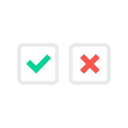 Check mark icons. Green tick icon and red cross mark with square box. Check box, checkbox concepts. Modern flat design graphic elements set. Vector illustration isolated on white backgroundのイラスト素材