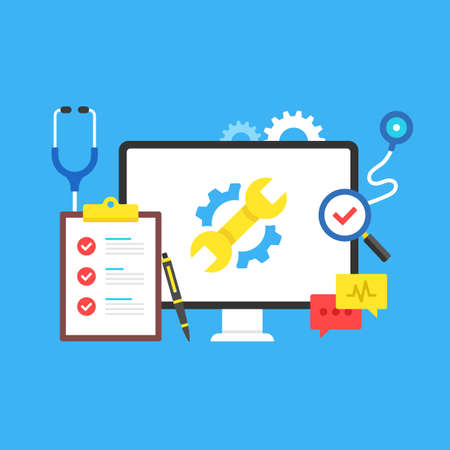 Computer repair. Maintenance, service center, PC troubleshooting, computer diagnostics concepts. Modern flat design graphic elements. Vector illustrationのイラスト素材