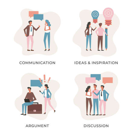 Business people set. Communication, ideas and inspiration, argument, discussion concepts. Flat people. Modern vector illustrationのイラスト素材