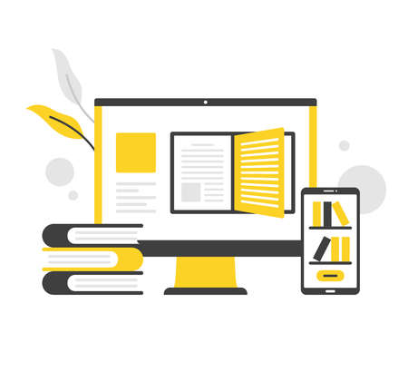 Digital library, online library. Flat vector illustration. Computer with open book on screen. Mobile phone with bookshelves. Modern concepts. Flat designのイラスト素材