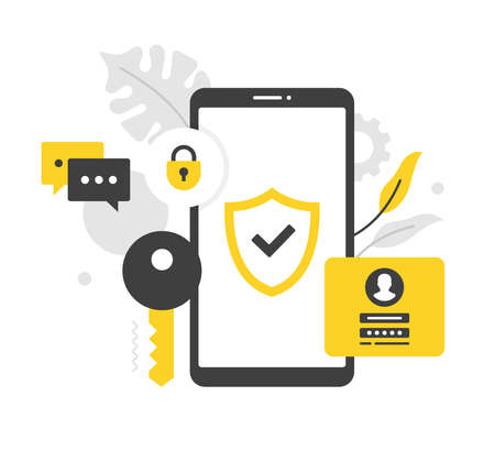 Mobile phone security. Flat vector illustration. Smartphone with shield and check mark on screen. Cell phone security, antivirus, data protection, private access, password. Modern concept. Flat designのイラスト素材