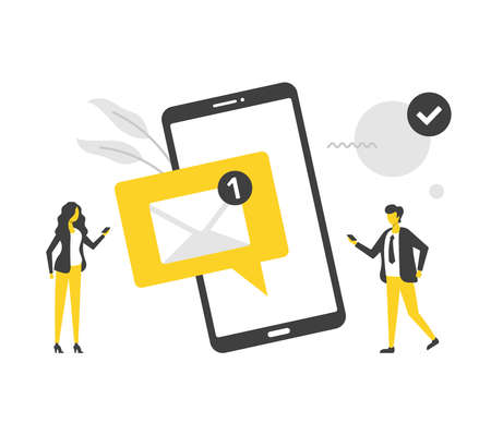 New message. Flat vector illustration. People and mobile phone with envelope and notification. E-mail on smartphone screen, sms, email, receive new letter, online messaging. Modern flat designのイラスト素材