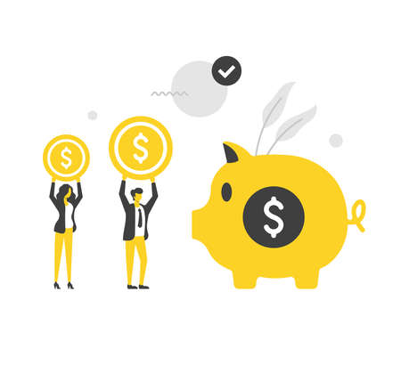 Savings. Flat vector illustration. People holding gold coins and piggy bank. Investment, retirement fund, deposit money, budget, business idea. Modern concepts. Flat designのイラスト素材