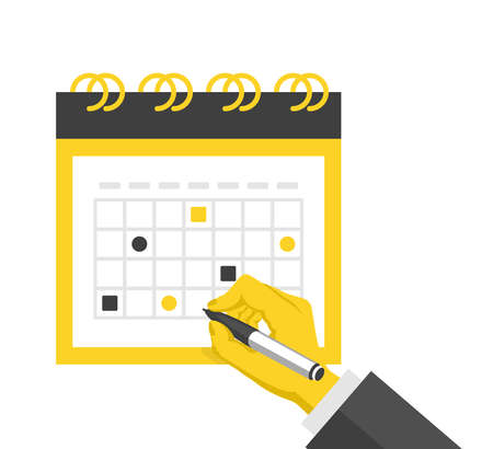 Marking calendar, mark event. Flat vector illustration. Human hand with pen marking important date in calendar. Business event, holiday. Modern concepts. Flat designのイラスト素材