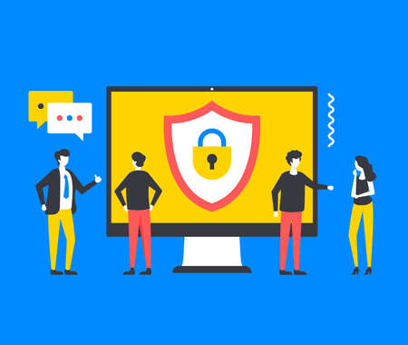 Cybersecurity. People and computer with shield and lock. Computer security concepts. Modern graphic elements set. Vector illustrationのイラスト素材