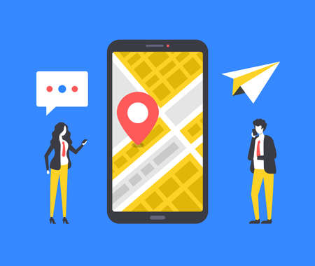 City map navigator. People, mobile phone and navigation app. Modern graphic elements. Vector illustrationのイラスト素材