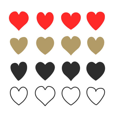 Heart icons. Red hearts,  gold and black colors. Solid and outline shapes. Flat and line design. Vector heart symbols set isolated on white backgroundのイラスト素材