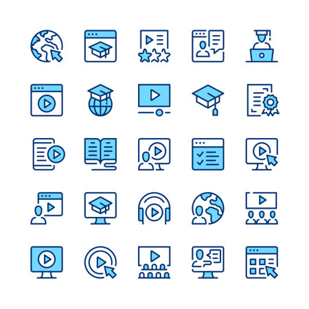 Video tutorials line icons. Set of video tutorials icons. Blue color. Vector line icons setのイラスト素材