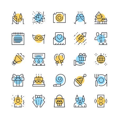 Party line icons. Set of celebration icons. Black, blue and yellow colors. Modern outline graphic design. Vector line icons setのイラスト素材