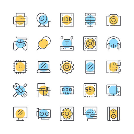 Computer hardware line icons. Set of PC components icons. Black, blue and yellow colors. Modern outline graphic design. Vector line icons setのイラスト素材