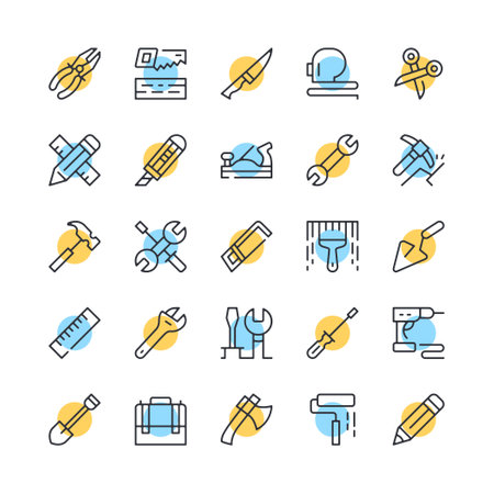 Work tools line icons. Set of tools icons. Black, blue and yellow colors. Modern outline graphic design. Vector line icons setのイラスト素材