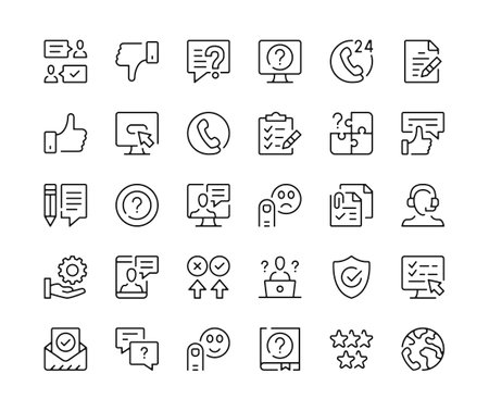 Customer service icons. Vector line icons set. Technical support, online help, call center concepts. Black outline stroke symbolsのイラスト素材