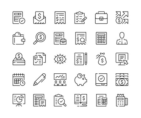 Accounting icons. Vector line icons set. Business calculation, fill tax form, budget, accountancy, bookkeeping concepts. Black outline stroke symbolsのイラスト素材