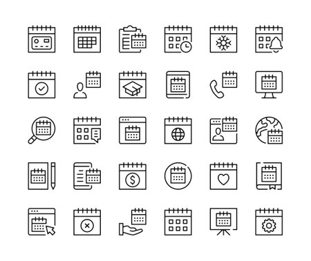 Calendar icons. Vector line icons set. Event, appointment, schedule, time management concepts. Black outline stroke symbolsのイラスト素材
