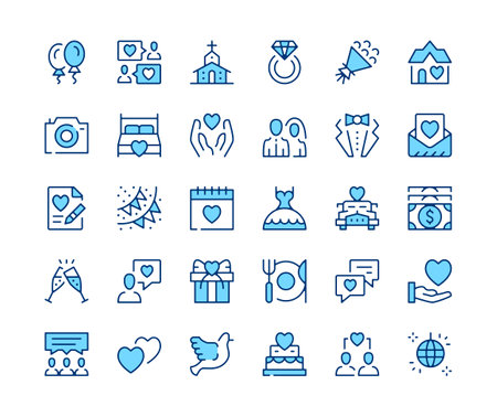 Wedding icons set. Vector line icons. Blue color outline stroke symbols. Modern conceptsのイラスト素材