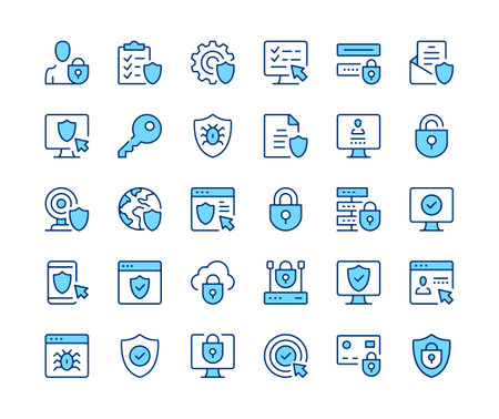 Internet security icons set. Vector line icons. Blue color outline stroke symbols. Modern conceptsのイラスト素材