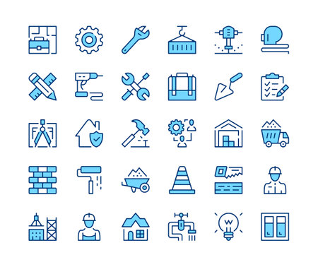 Construction icons set. Vector line icons. Blue color outline stroke symbols. Modern conceptsのイラスト素材