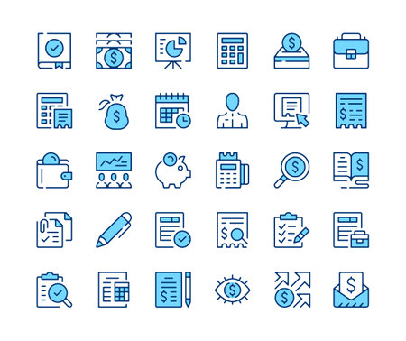 Accounting icons set. Vector line icons. Blue color outline stroke symbols. Modern conceptsのイラスト素材