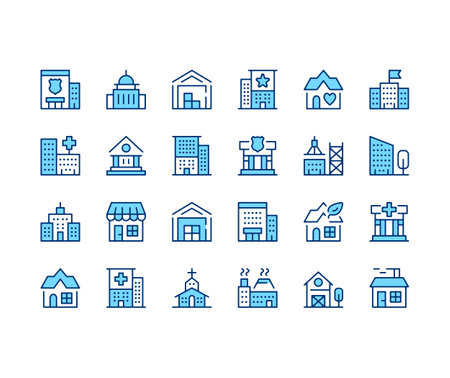 Buildings icons set. Vector line icons. Blue color outline stroke symbols. Modern conceptsのイラスト素材