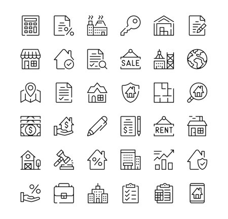 Real estate icons set. Vector line icons. Black outline stroke symbolsのイラスト素材