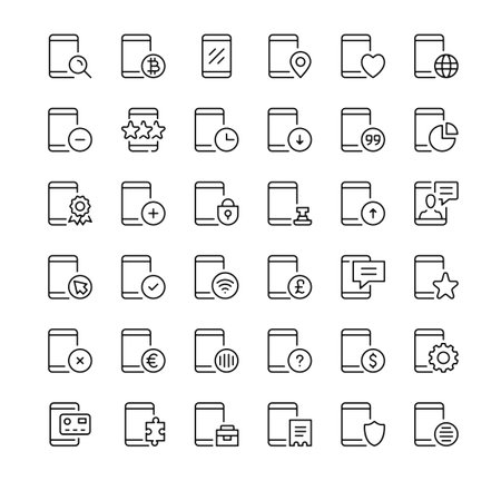 Mobile phone icons set. Vector line icons. Black outline stroke symbolsのイラスト素材