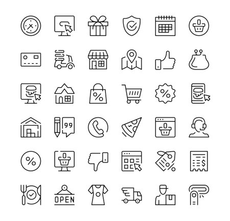 Online shopping icons set. Vector line icons. Black outline stroke symbolsのイラスト素材