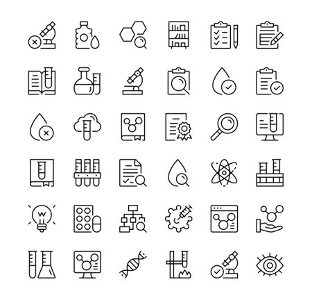 Chemistry icons set. Vector line icons. Black outline stroke symbolsのイラスト素材