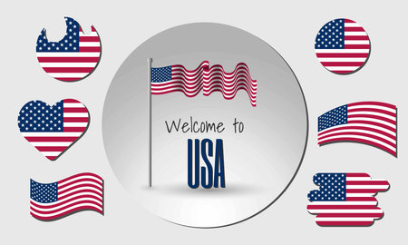 Waving flag of the United States of America in vector with the inscription Welcome to the USA! Different versions of the flag in the shape of a heart, circle, arc, etc.のイラスト素材
