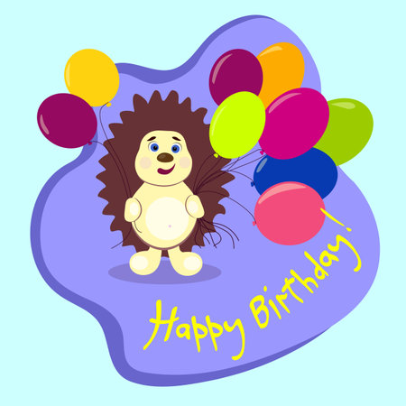 Bright children's Happy Birthday card in cartoon style, hedgehog holding balloonsのイラスト素材