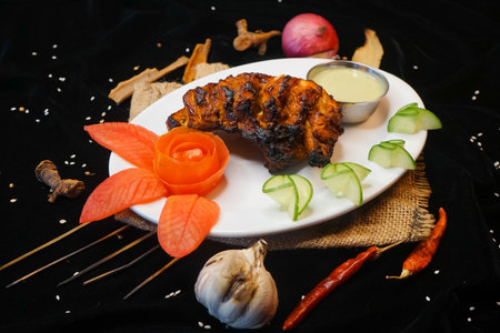 grilled chicken kebab with sauce and vegetables on a black backgroundの写真素材